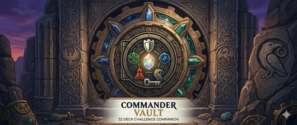 Commander Vault — vault and compass motif on a twilight landscape