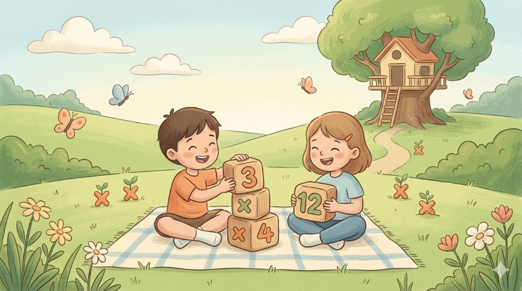 Children practising multiplication with wooden blocks in a sunny park — calm, kid-friendly learning