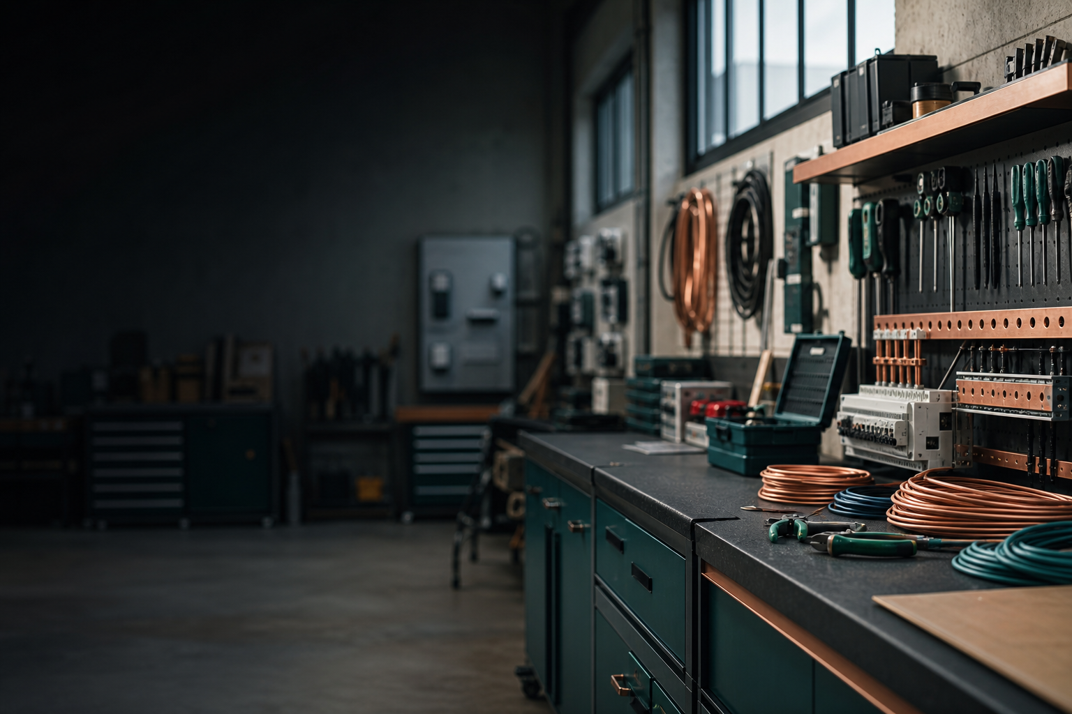 Calm workshop atmosphere with electrical tools and soft daylight — SparkClass learning environment